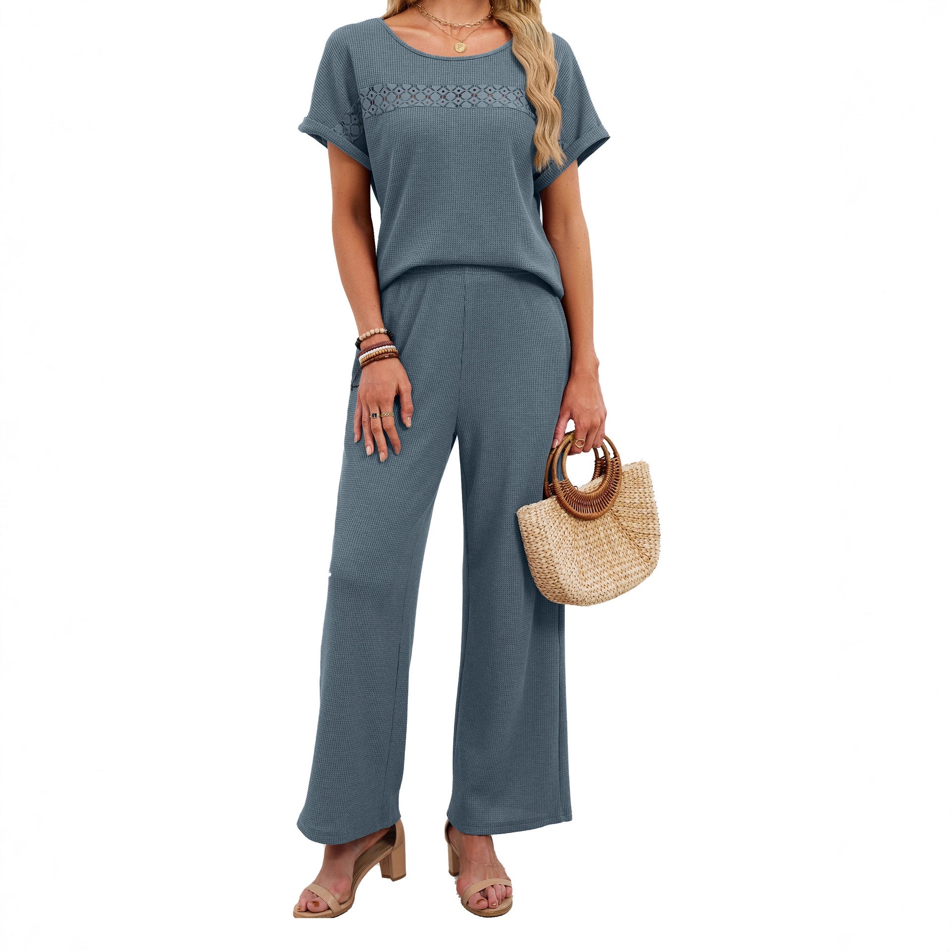 Solid Color Casual Short Sleeve T-shirt Co-ord Set In Cotton Polyester With Lace Detail And Round Neck