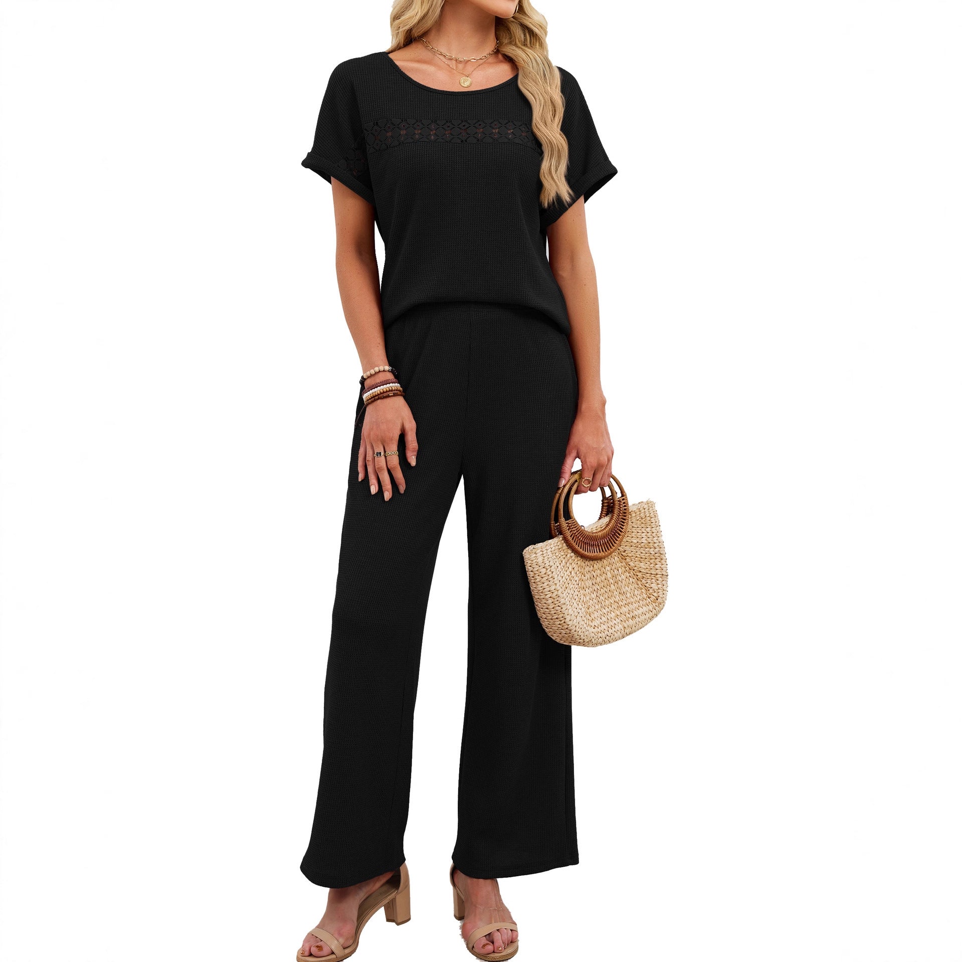 Solid Color Casual Short Sleeve T-shirt Co-ord Set In Cotton Polyester With Lace Detail And Round Neck