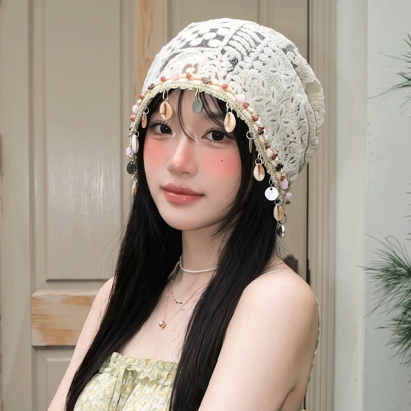 Bohemian Breathable Cotton Shell Hat For Women, Brimless Design Featuring Hollow Out Craftsmanship