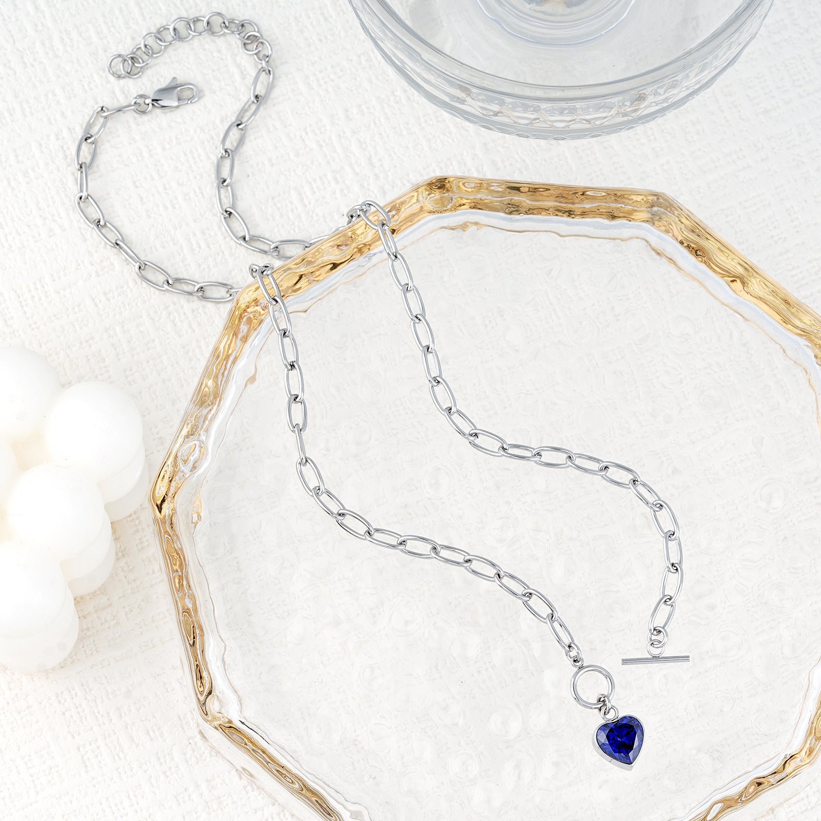 Heart Shape Necklace In Blue With Natural Stone Pendant Made Of 304 Stainless Steel For Unisex
