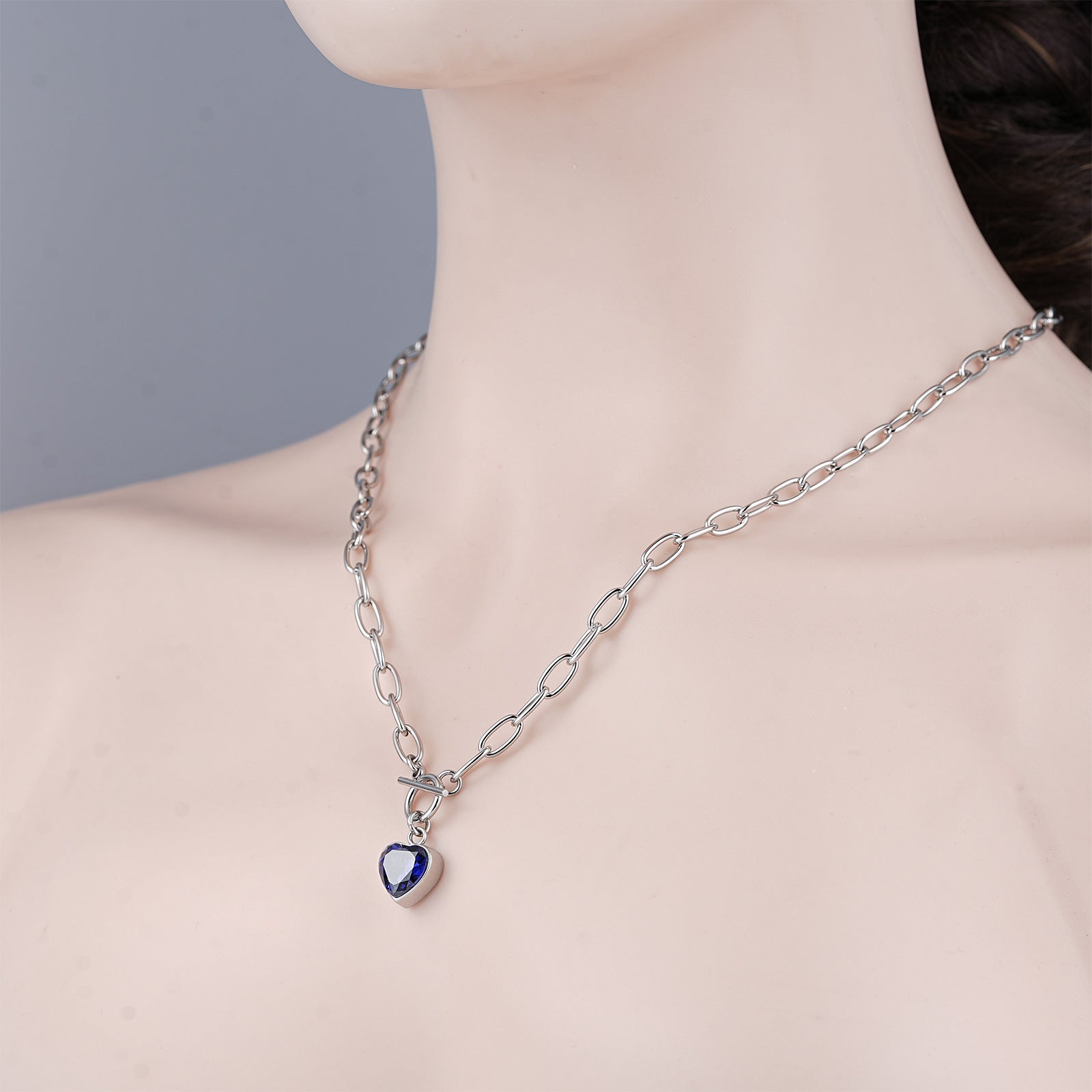 Heart Shape Necklace In Blue With Natural Stone Pendant Made Of 304 Stainless Steel For Unisex