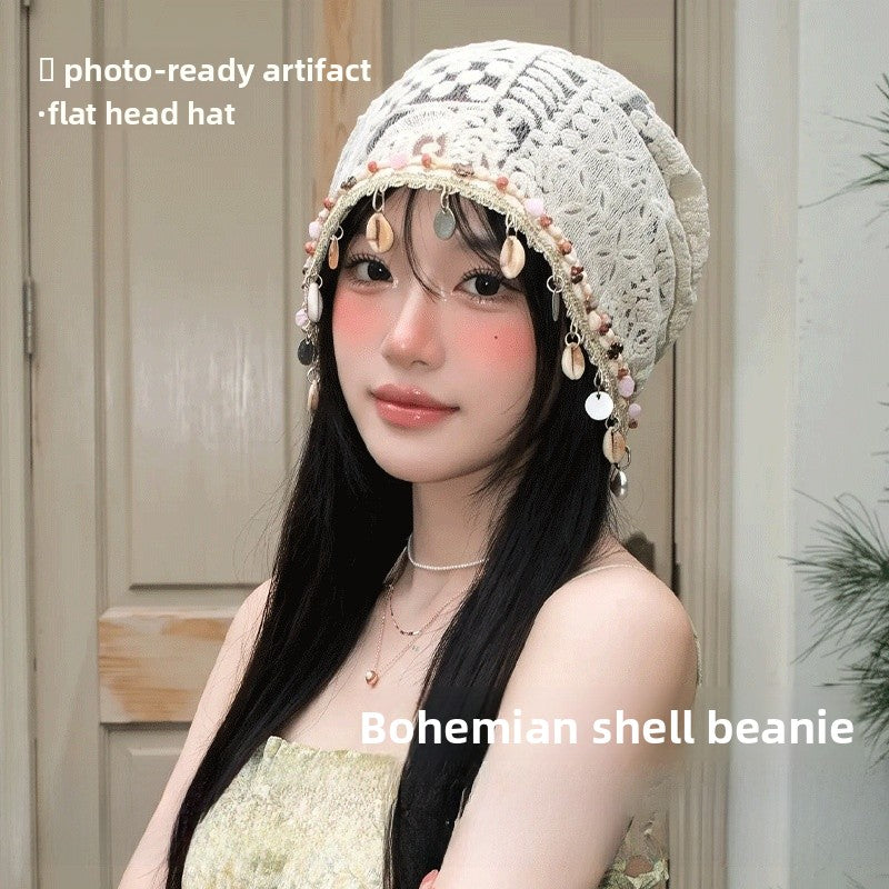 Bohemian Breathable Cotton Shell Hat For Women, Brimless Design Featuring Hollow Out Craftsmanship