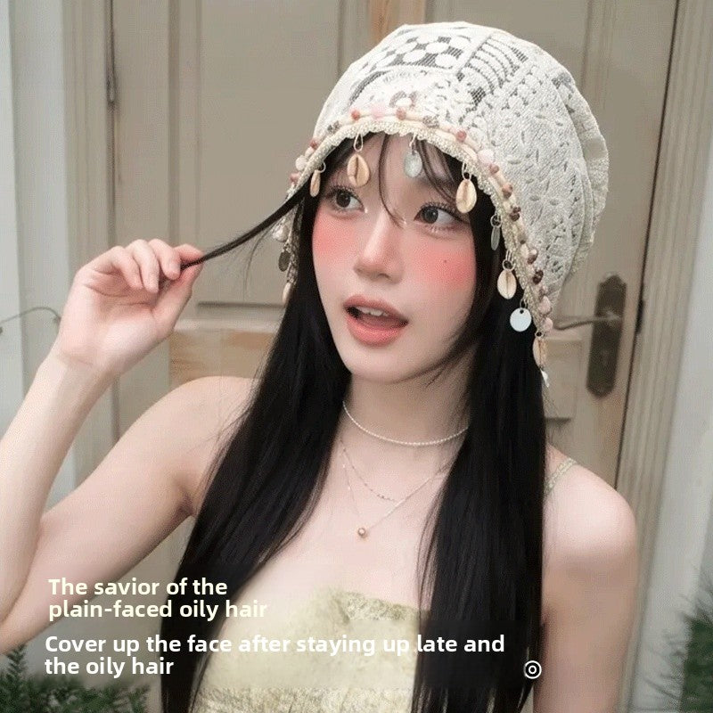 Bohemian Breathable Cotton Shell Hat For Women, Brimless Design Featuring Hollow Out Craftsmanship
