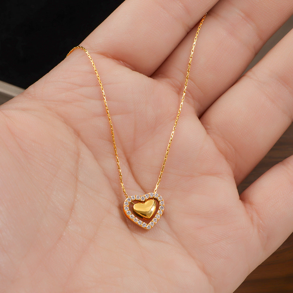 Heart Shape Necklace For Women In 18K Real Gold Plated Titanium Steel With Waterproof Non Tarnish Finish And Rhinestone Inlay