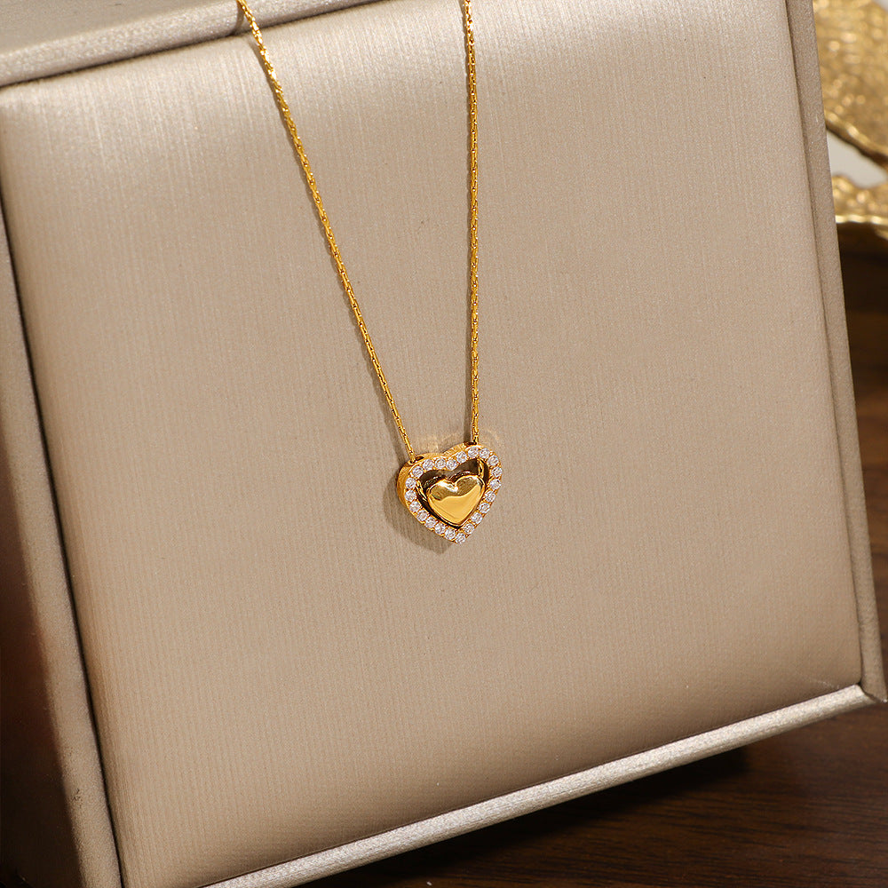 Heart Shape Necklace For Women In 18K Real Gold Plated Titanium Steel With Waterproof Non Tarnish Finish And Rhinestone Inlay