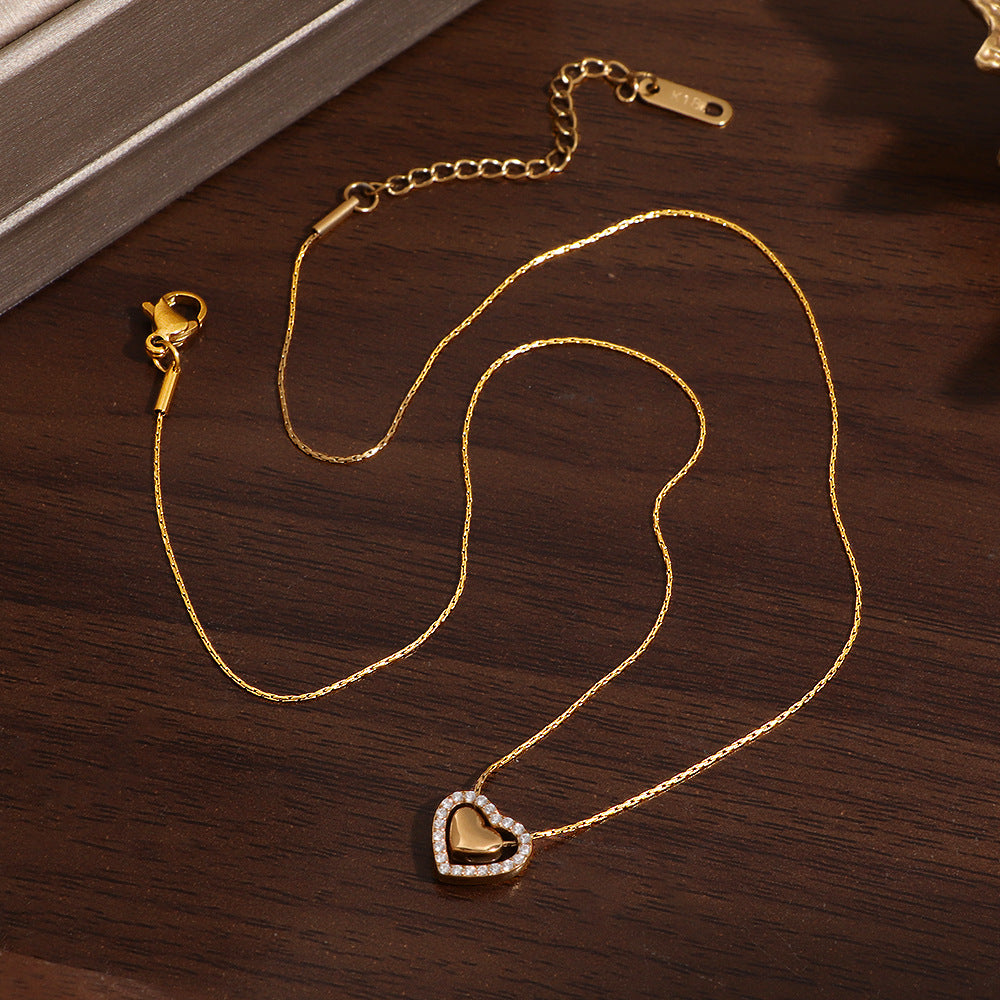 Heart Shape Necklace For Women In 18K Real Gold Plated Titanium Steel With Waterproof Non Tarnish Finish And Rhinestone Inlay