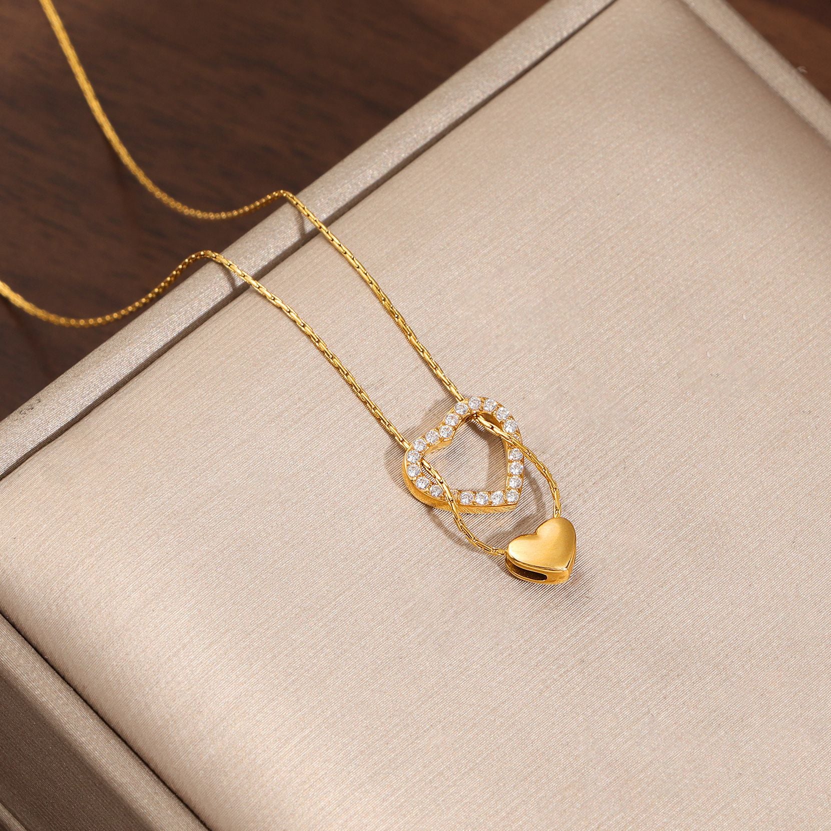 Heart Shape Necklace For Women In 18K Real Gold Plated Titanium Steel With Waterproof Non Tarnish Finish And Rhinestone Inlay