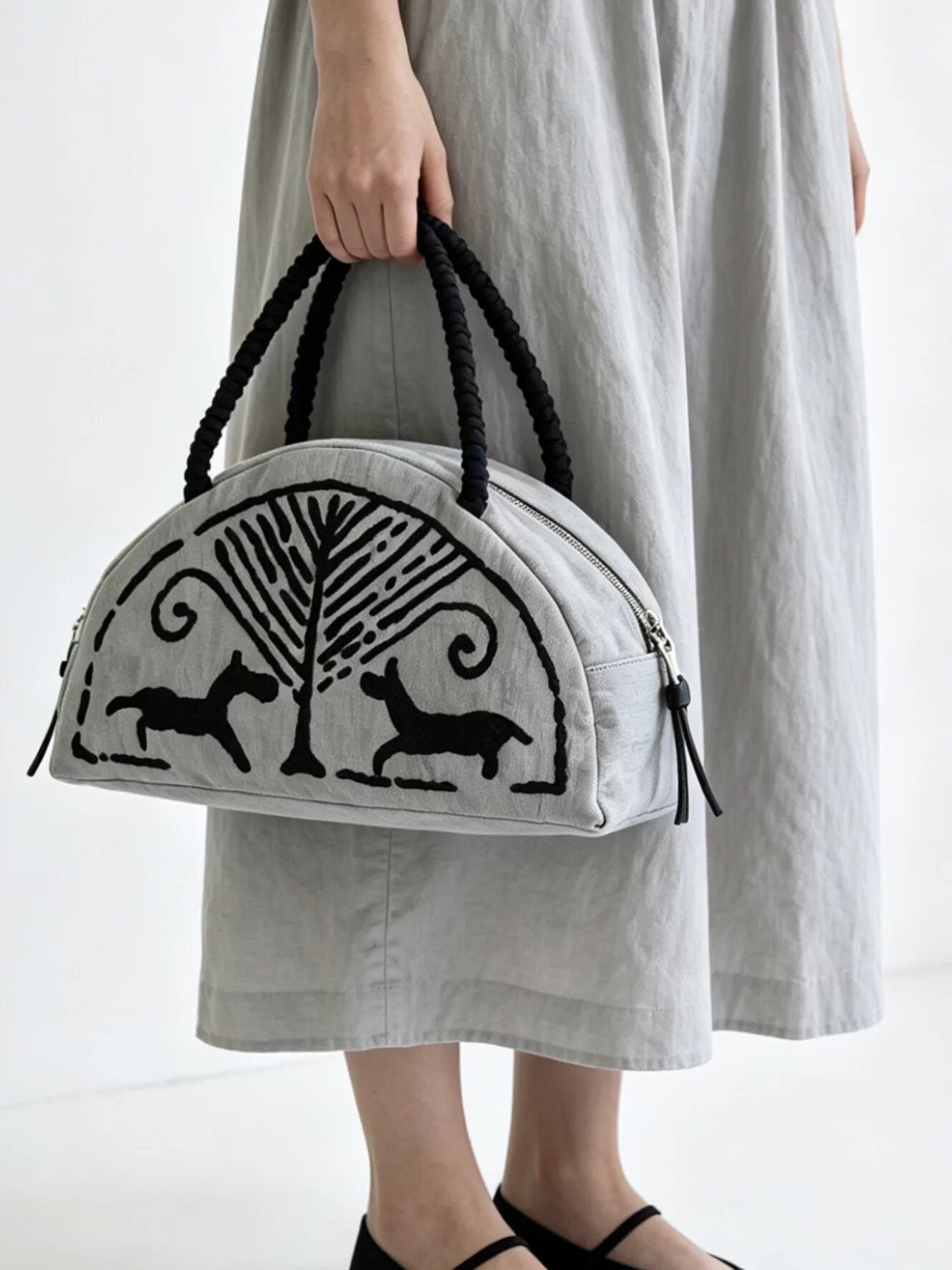 Embroidery Shell Dome Bag With Top Handle, Printing Pattern, Perfect For Summer