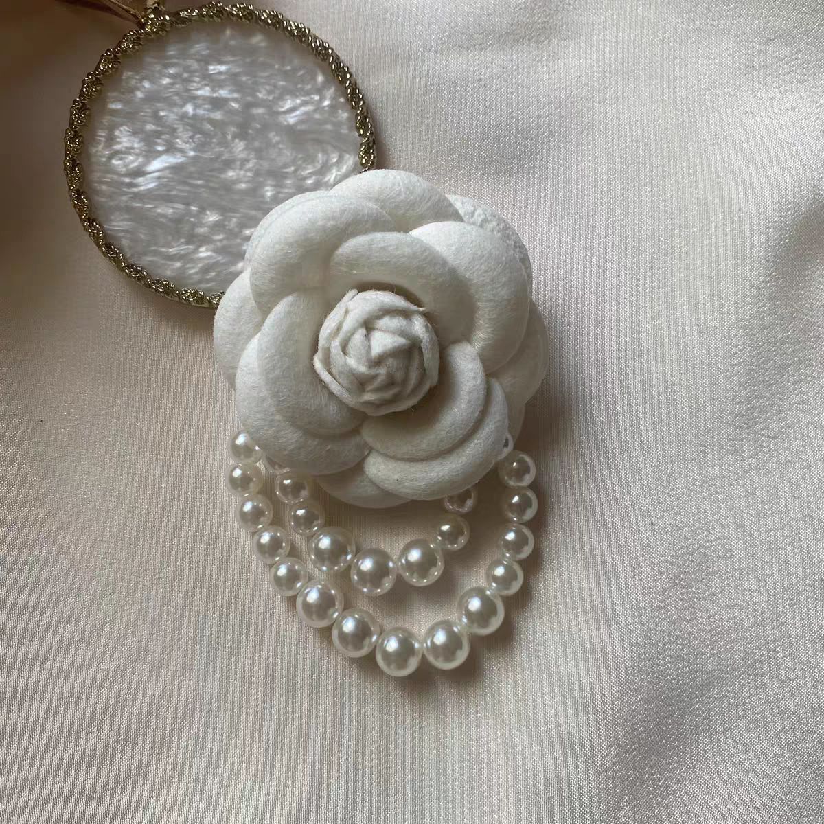 Cloth Flower Pin With Pearl Craft In Beige Fabric Inlay, Elegant Floral Accessory