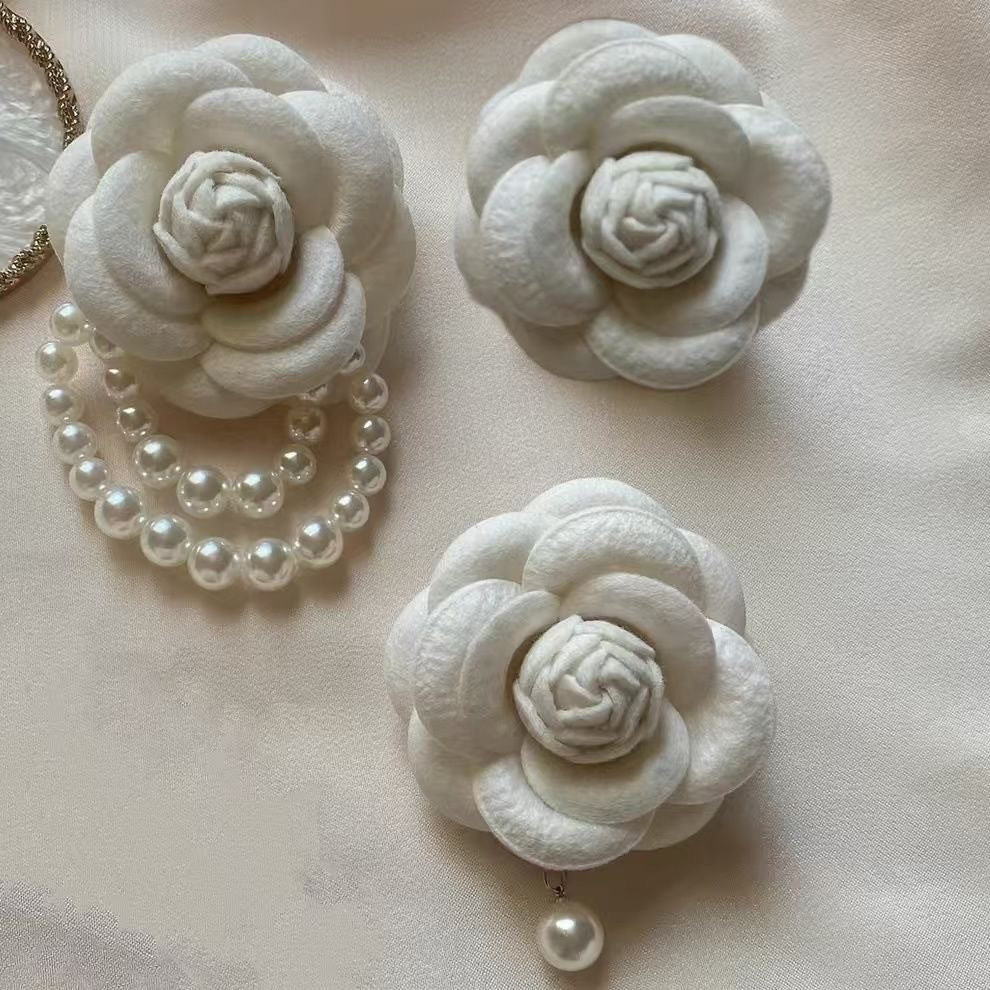 Cloth Flower Pin With Pearl Craft In Beige Fabric Inlay, Elegant Floral Accessory
