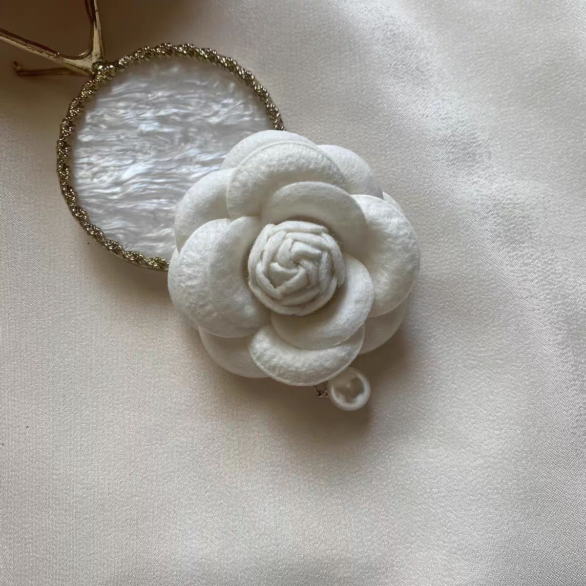 Cloth Flower Pin With Pearl Craft In Beige Fabric Inlay, Elegant Floral Accessory