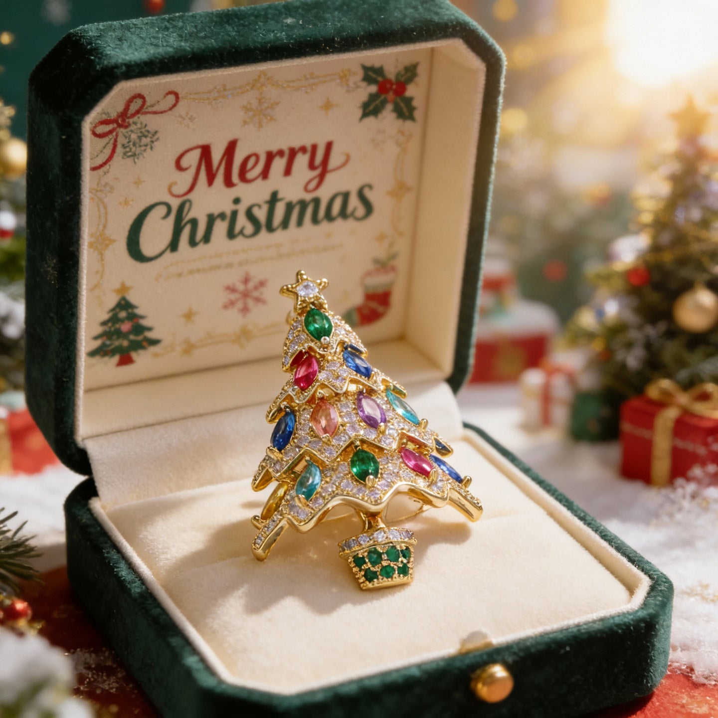 Christmas Tree Pin In Copper With Zircon Inlay, Featuring Electroplated Craftsmanship For Festive Style
