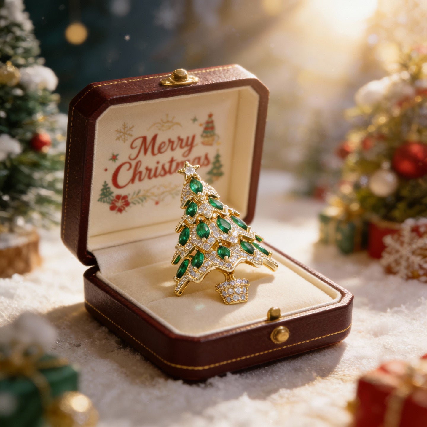 Christmas Tree Pin In Copper With Zircon Inlay, Featuring Electroplated Craftsmanship For Festive Style