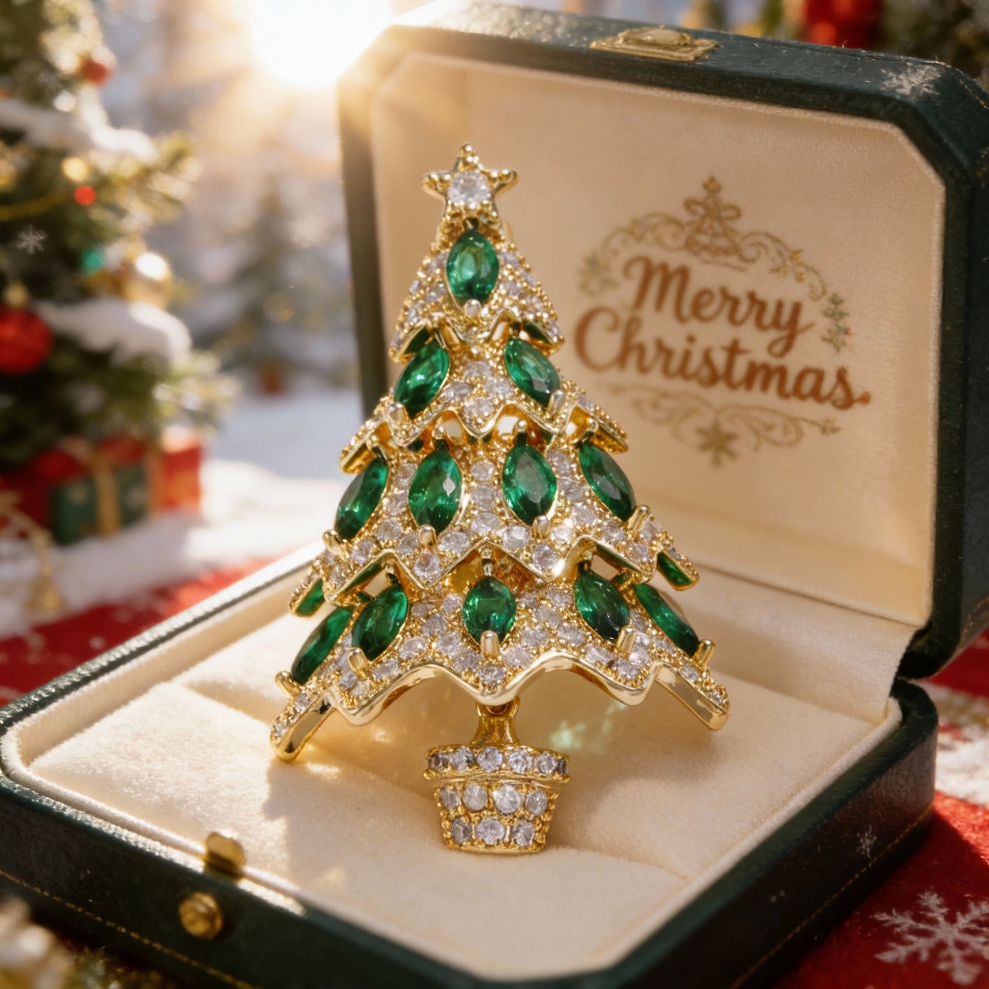 Christmas Tree Pin In Copper With Zircon Inlay, Featuring Electroplated Craftsmanship For Festive Style