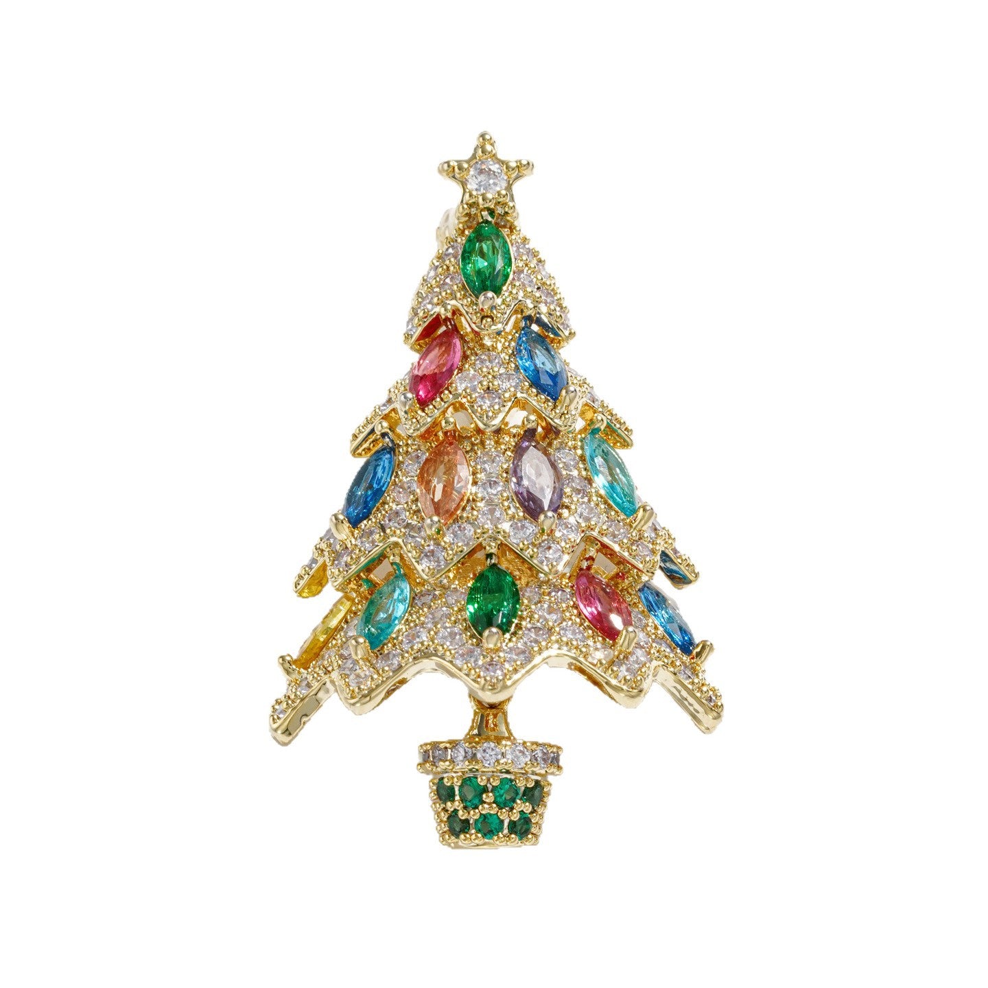 Christmas Tree Pin In Copper With Zircon Inlay, Featuring Electroplated Craftsmanship For Festive Style