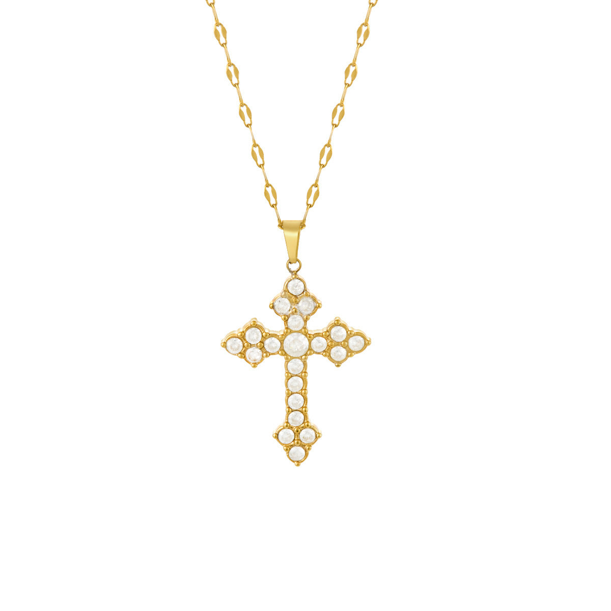 Handmade Cross Necklace For Women In Titanium Steel With PVD Coated Titanium Plating And Zircon Inlay, Featuring A Cable Chain