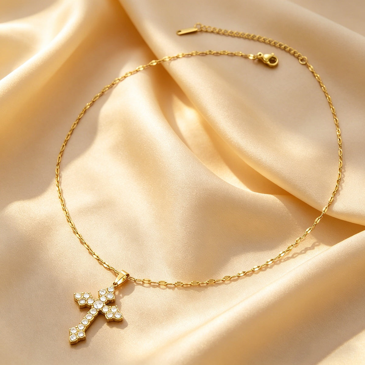 Handmade Cross Necklace For Women In Titanium Steel With PVD Coated Titanium Plating And Zircon Inlay, Featuring A Cable Chain