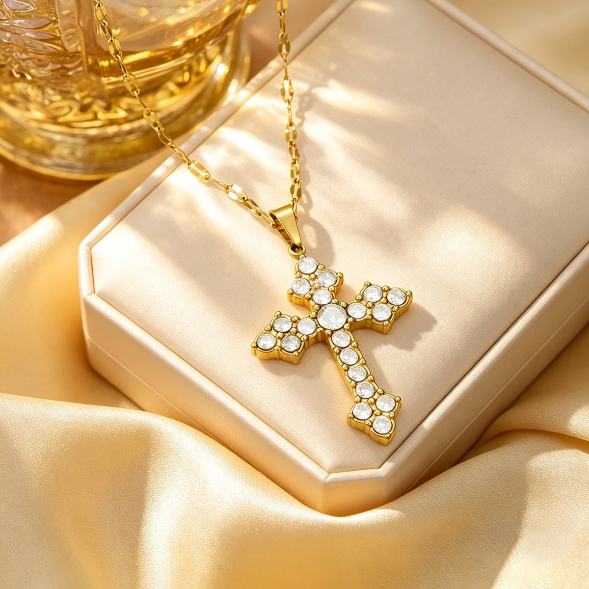 Handmade Cross Necklace For Women In Titanium Steel With PVD Coated Titanium Plating And Zircon Inlay, Featuring A Cable Chain