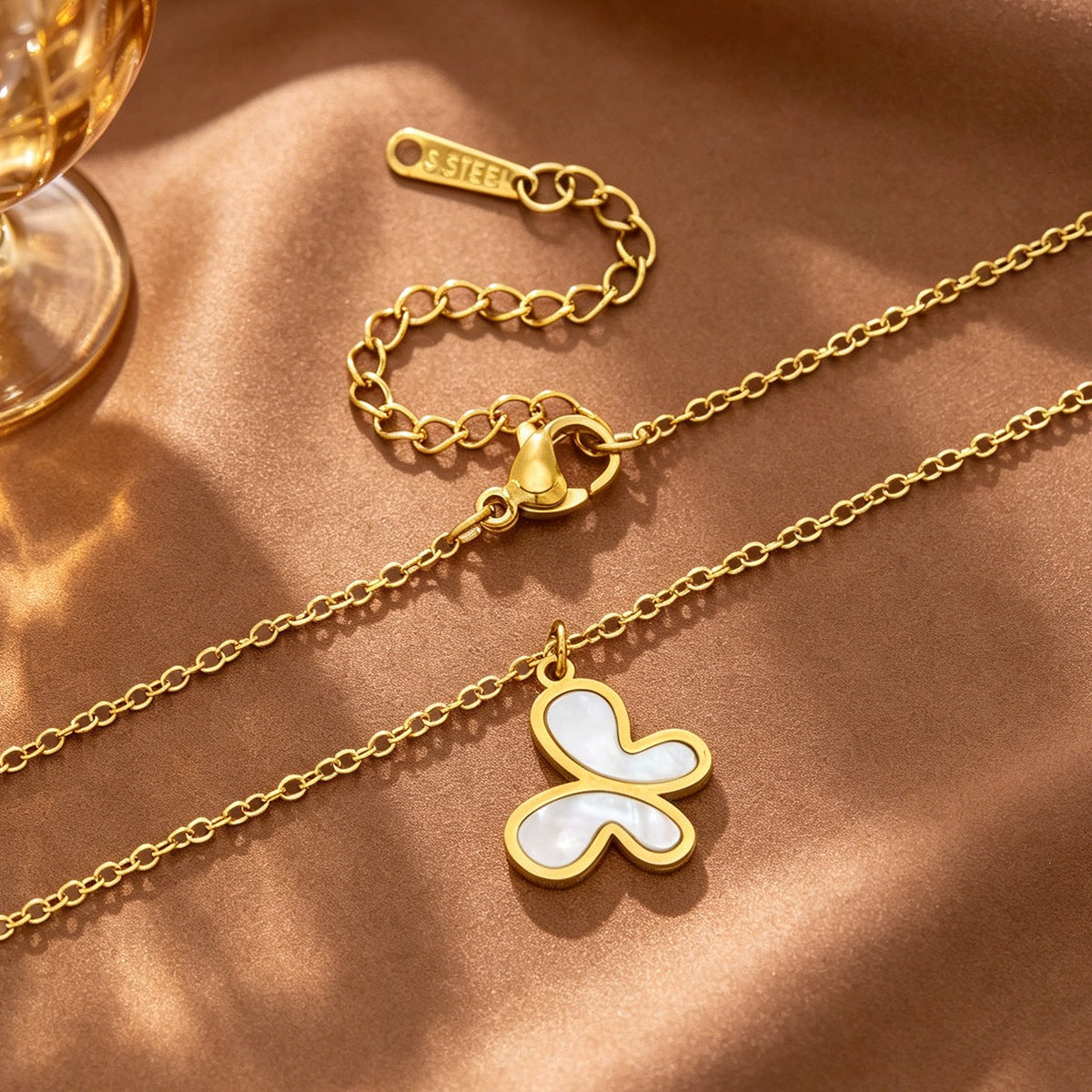 Handmade Butterfly Necklace In British Style With PVD Coated Titanium Steel And Titanium Plating On Cable Chain