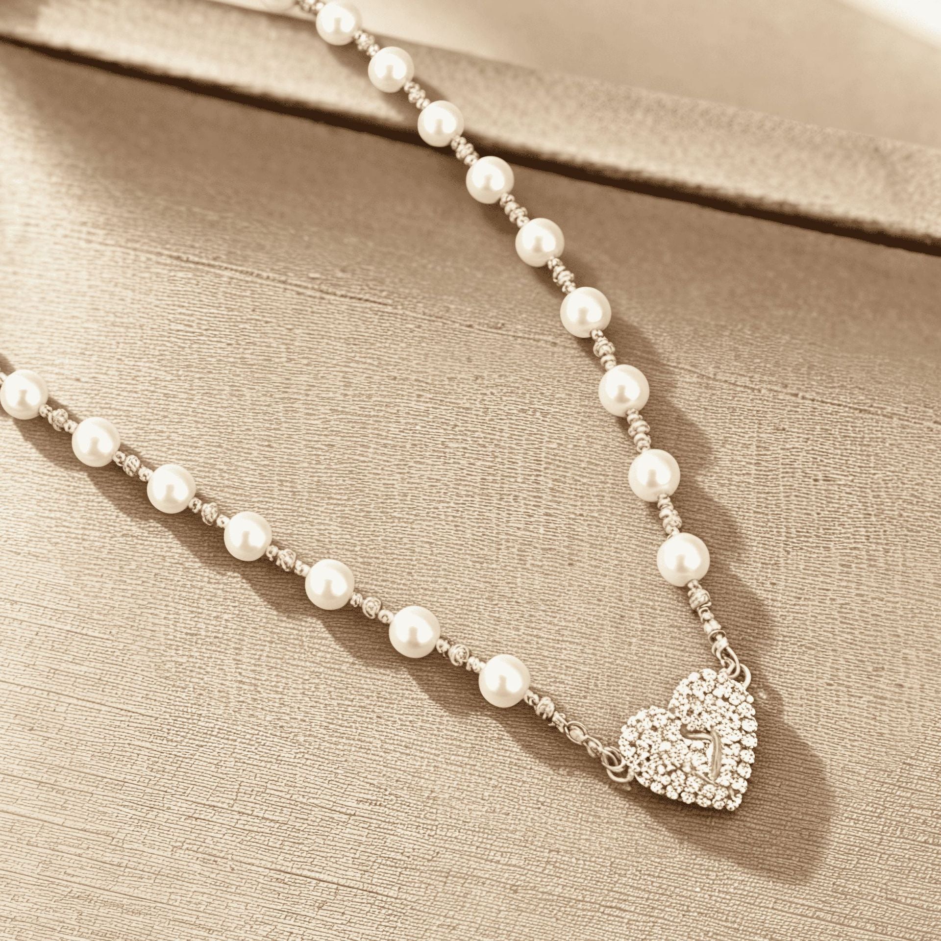 Handmade Vintage Style Heart Shape Necklace For Women With White Imitation Pearl And Rhinestone Inlay On Handmade Chain