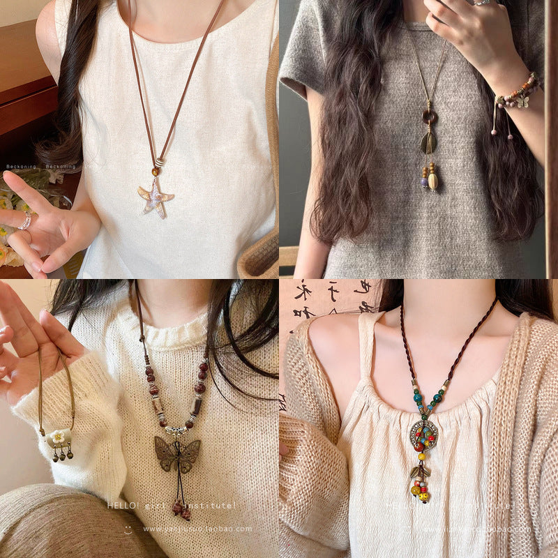 Ocean Silver Bohemian Sweater Chain Necklace For Women With Leather Rope Chain And Alloy Pendant
