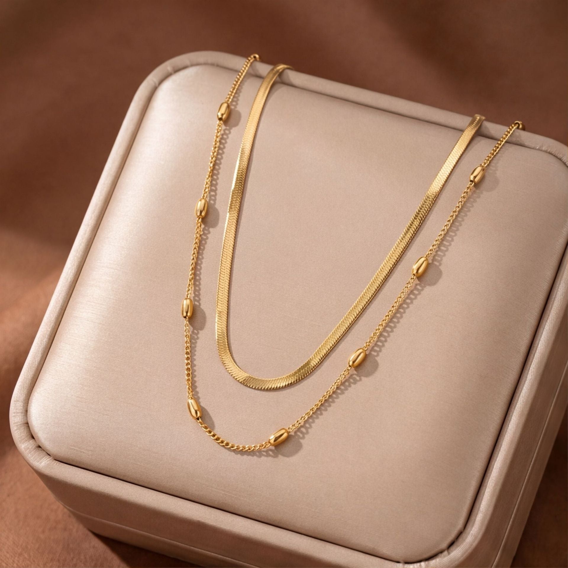 Blade Double Layer Necklace In Gold Featuring Titanium Steel Chain And Pendant For Women With Seed Bead Inlay