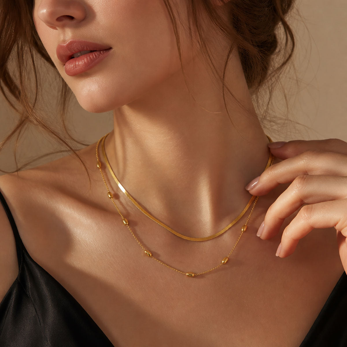 Blade Double Layer Necklace In Gold Featuring Titanium Steel Chain And Pendant For Women With Seed Bead Inlay
