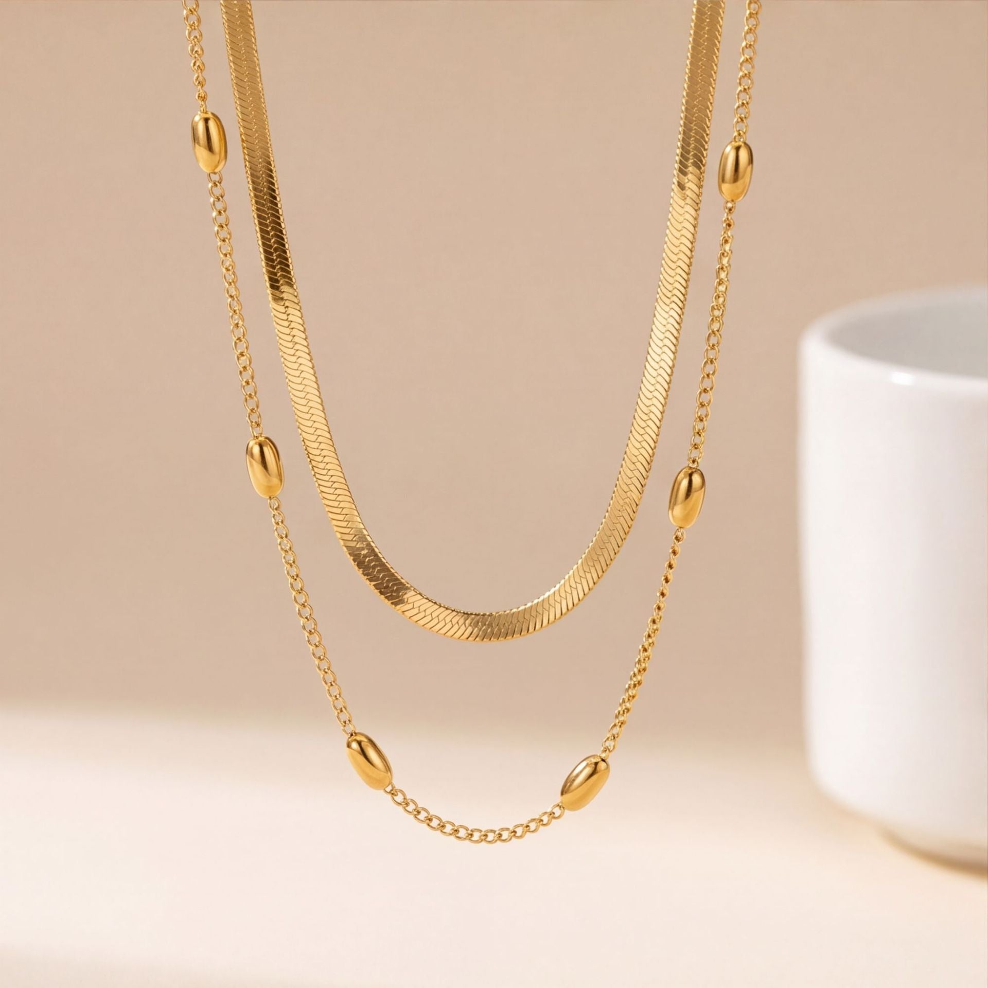 Blade Double Layer Necklace In Gold Featuring Titanium Steel Chain And Pendant For Women With Seed Bead Inlay