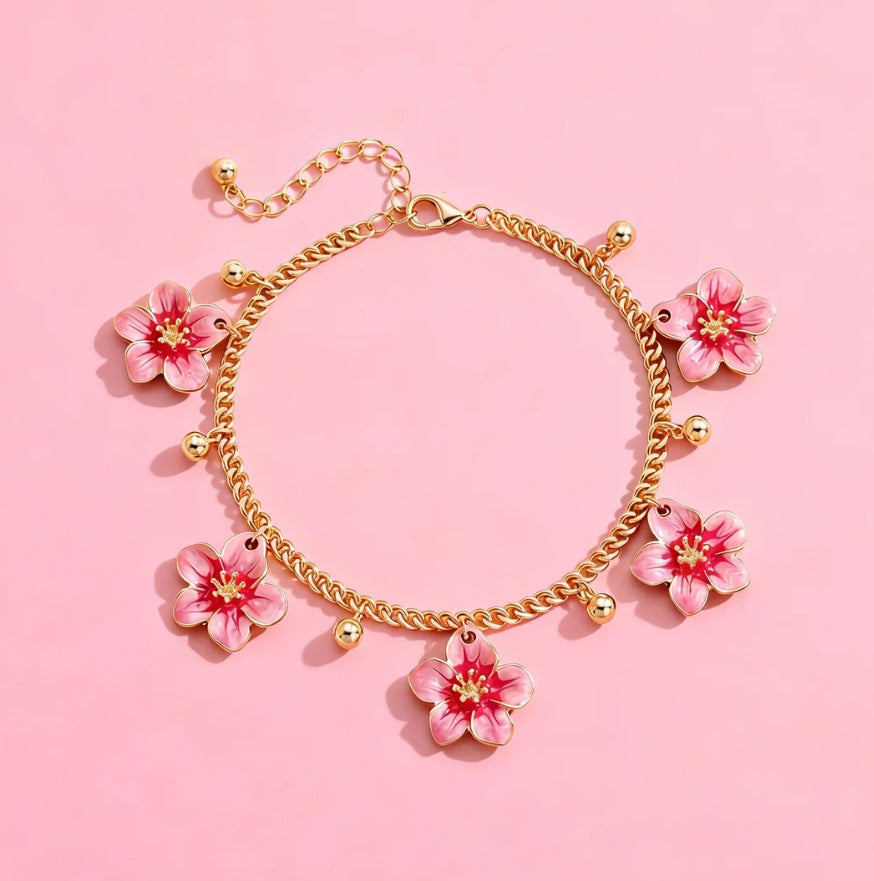 Bohemian Natural Pink Alloy Anklet For Women With Flower Pattern, Perfect Beach Foot Accessory