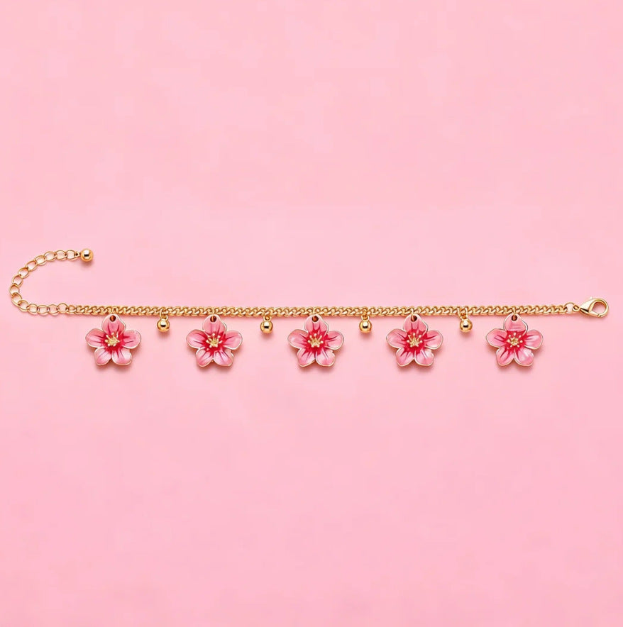 Bohemian Natural Pink Alloy Anklet For Women With Flower Pattern, Perfect Beach Foot Accessory