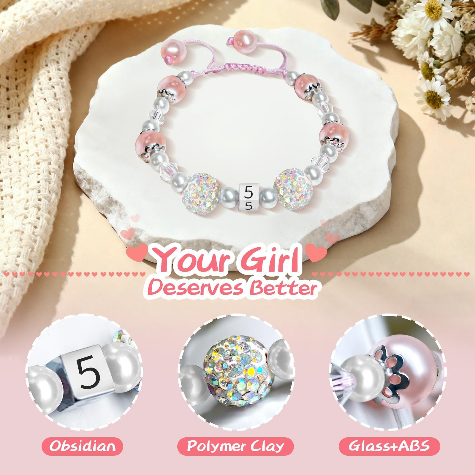 Kid's Simple Style Number Pattern Bracelet With Imitation Pearl And Rhinestones Featuring Beading Craft