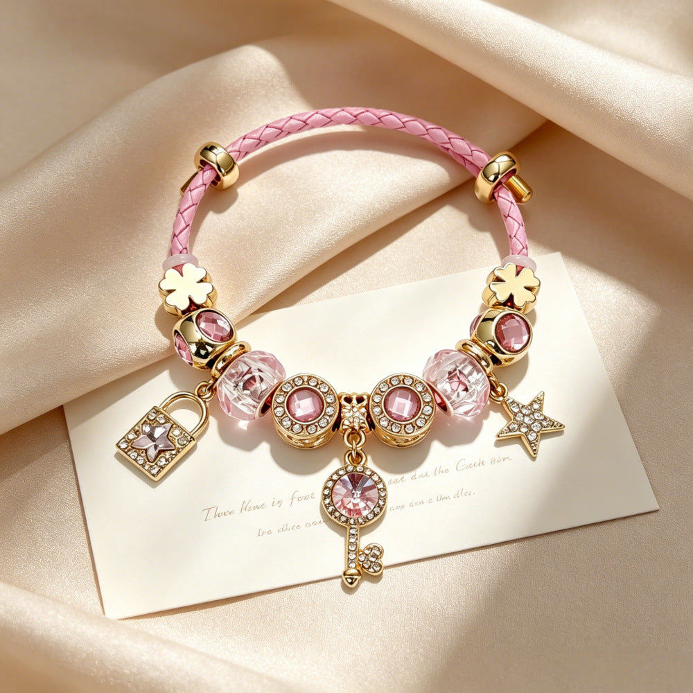 New Style Natural Pink Beading Bracelet For Women With Crystal Pendant