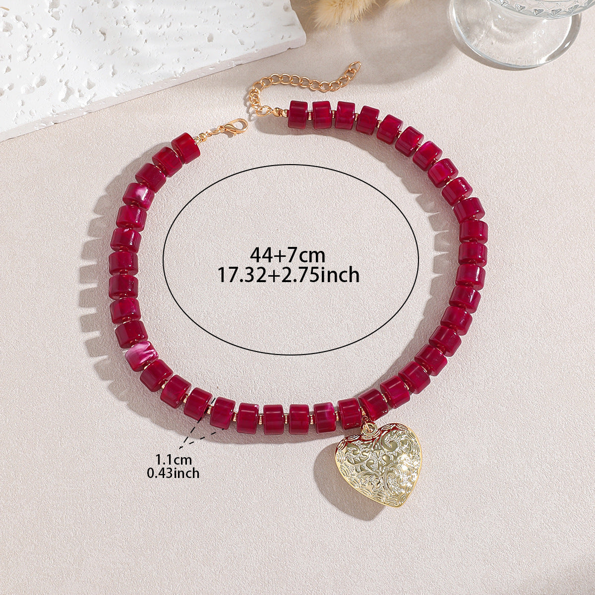 Exaggerated Heart Shape Pendant Necklace For Adults With Natural Pink Acrylic Beading On Beaded Chain