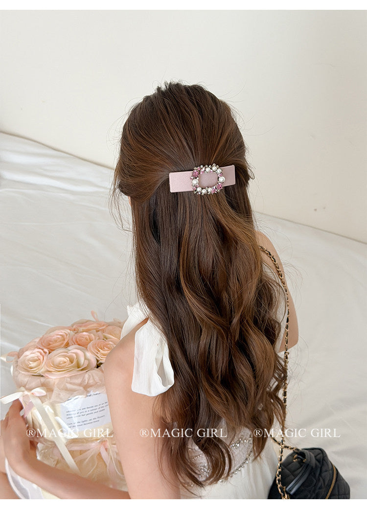 New Style Bow Tie Hairpin For Women In Natural Pink Satin With Rhinestone Inlay