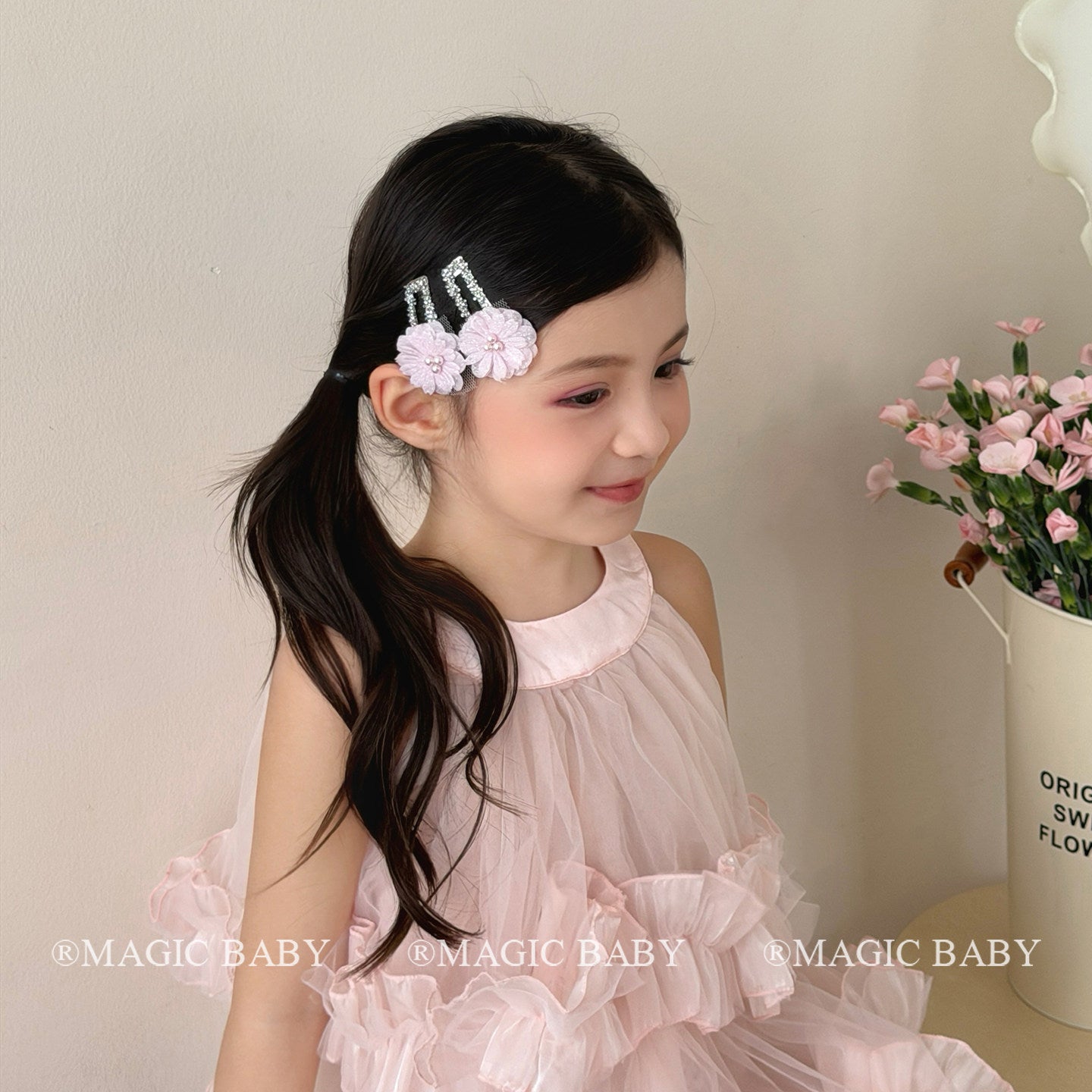 Fairy Style Flowers Cloth BB Clips Hair Accessories For Girls In Natural Pink, 2 PCS/Package