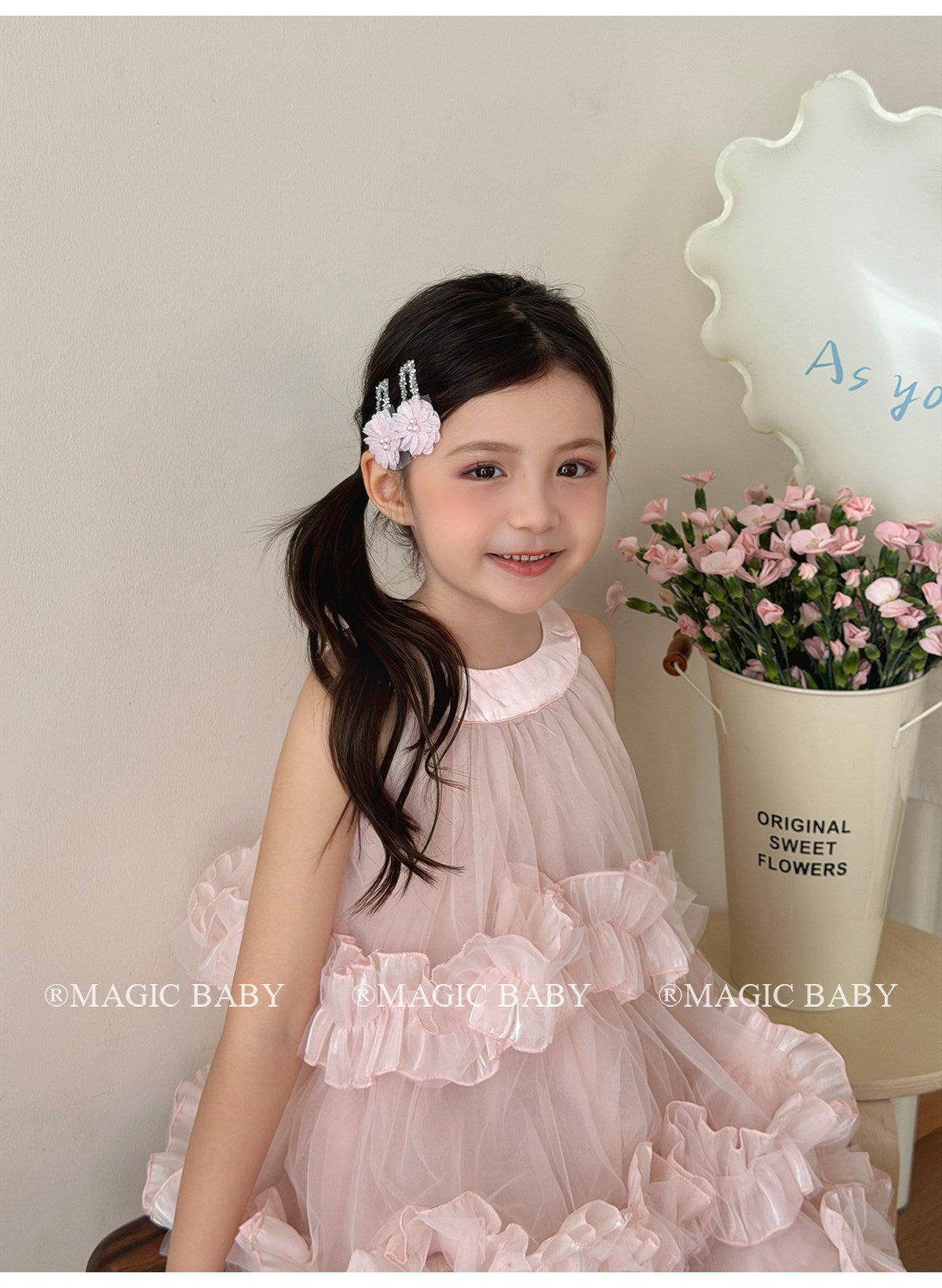 Fairy Style Flowers Cloth BB Clips Hair Accessories For Girls In Natural Pink, 2 PCS/Package