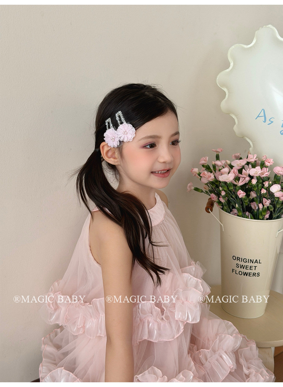 Fairy Style Flowers Cloth BB Clips Hair Accessories For Girls In Natural Pink, 2 PCS/Package