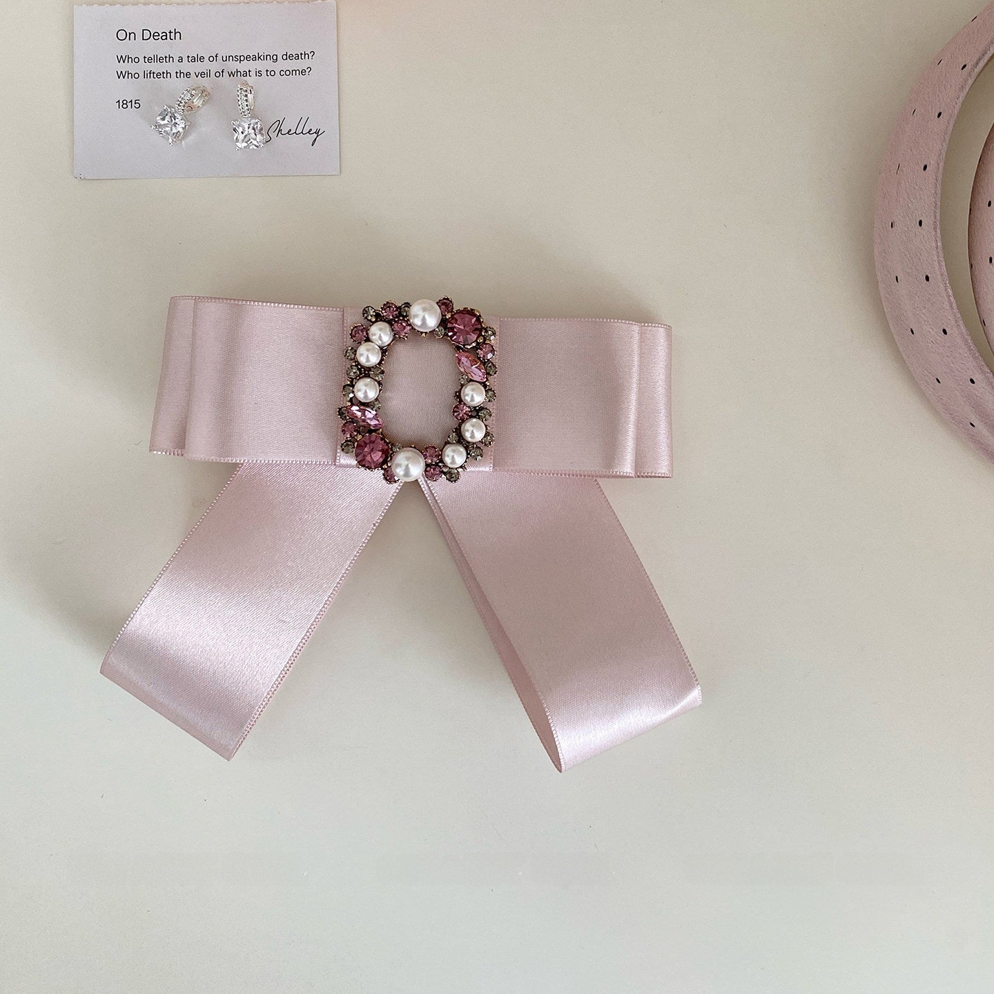 New Style Bow Tie Hairpin For Women In Natural Pink Satin With Rhinestone Inlay