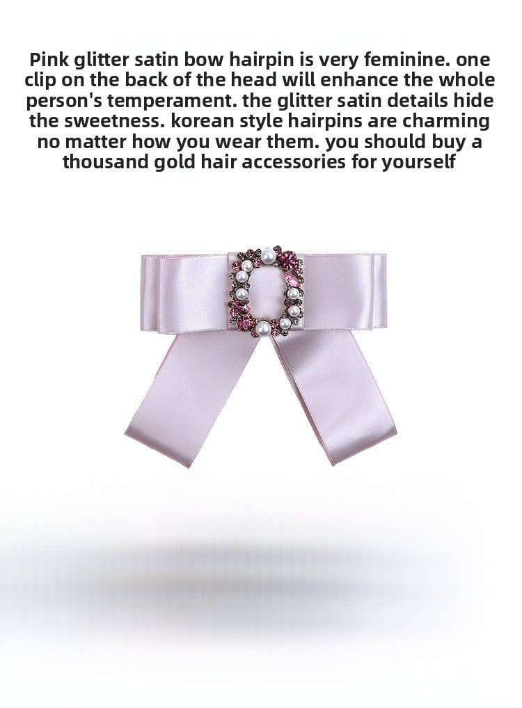 New Style Bow Tie Hairpin For Women In Natural Pink Satin With Rhinestone Inlay