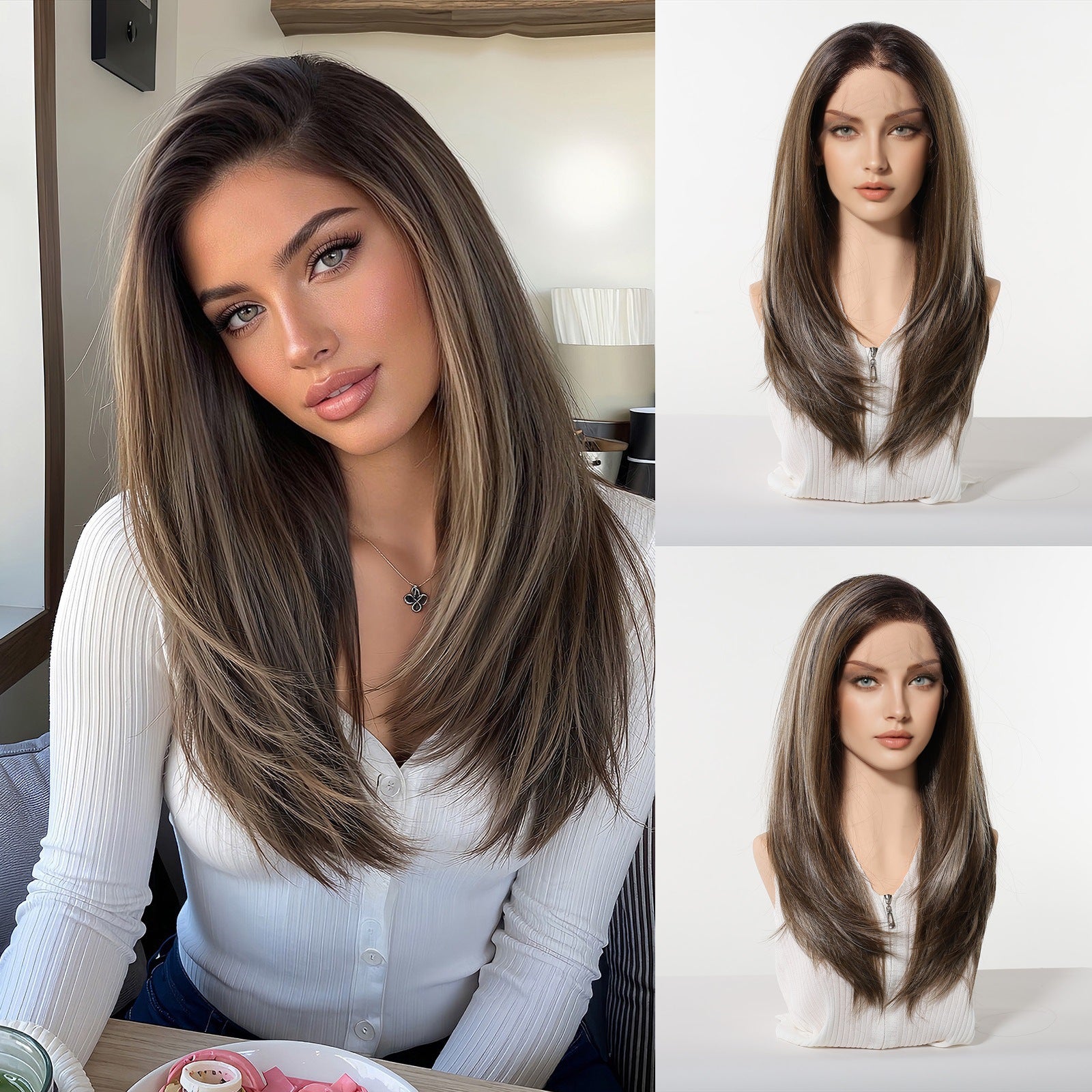 Supply Imported Silk 13*6 Large Area Lace Medium Black Brown Long Straight Wig Full Hair Wigs