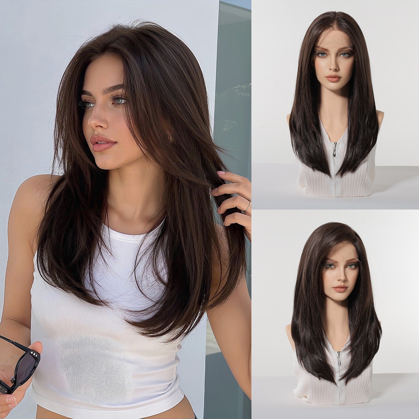 Supply Imported Silk 13*6 Large Area Lace Medium Black Brown Long Straight Wig Full Hair Wigs
