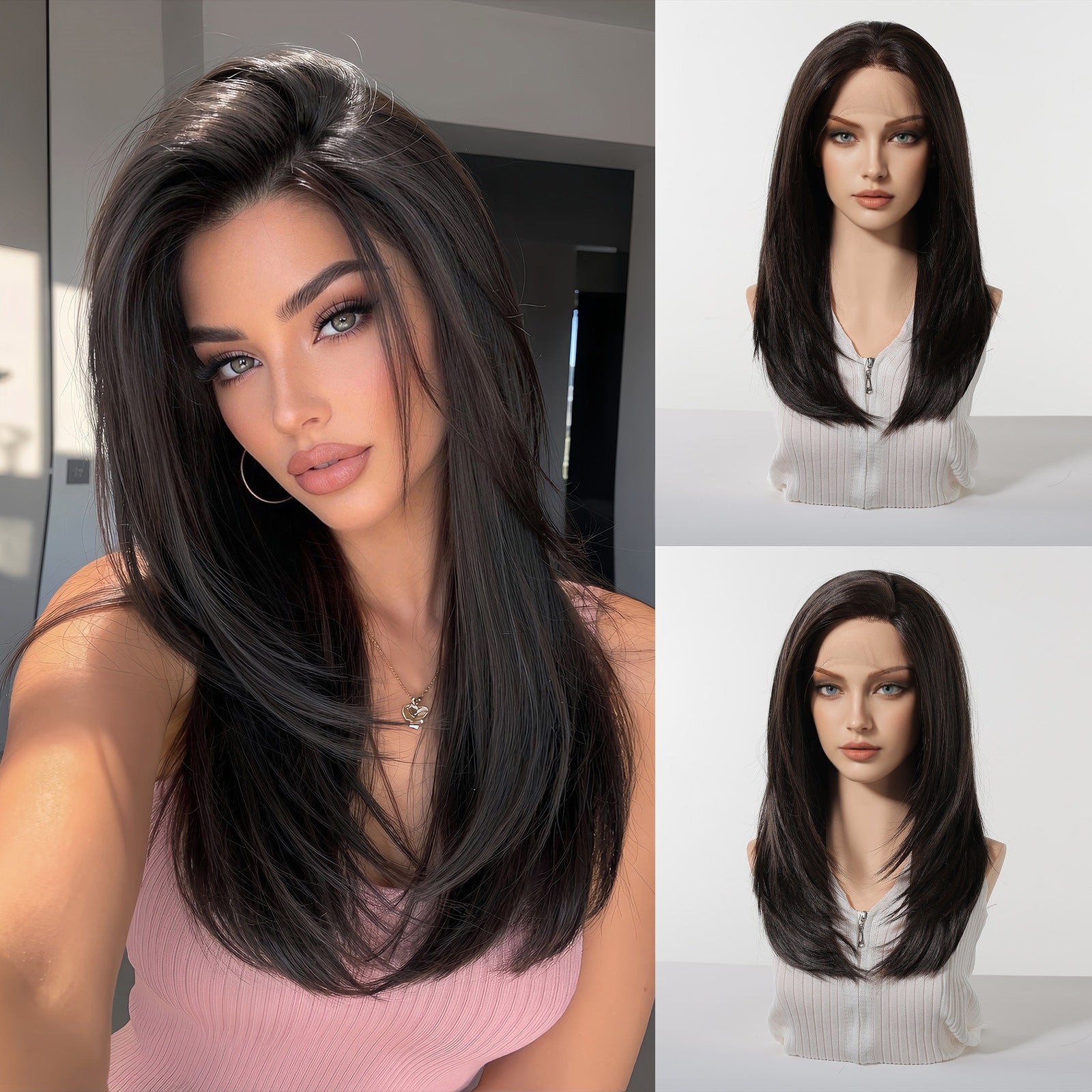 Supply Imported Silk 13*6 Large Area Lace Medium Black Brown Long Straight Wig Full Hair Wigs