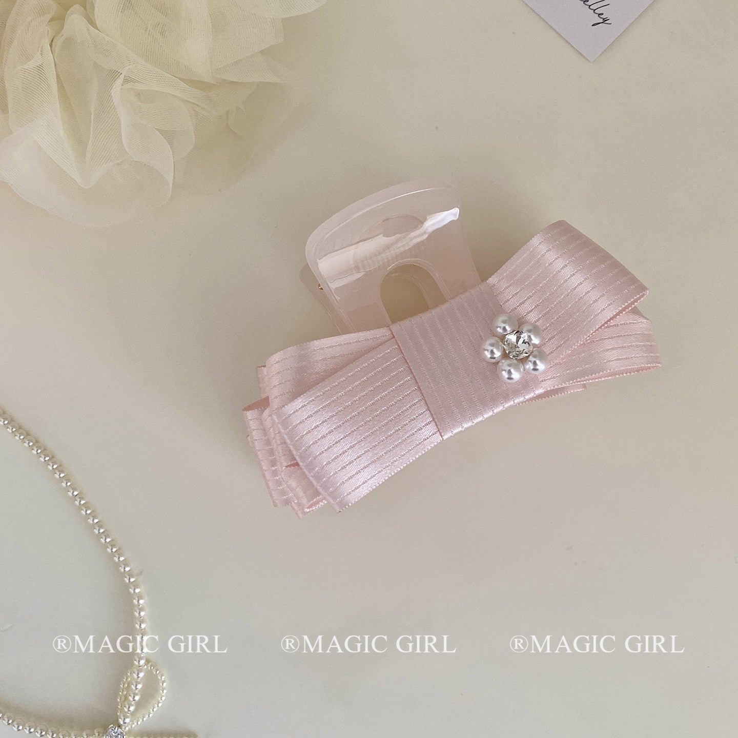 Sweet Bow Tie Banana Clip Hairpin For Women In Natural Pink Featuring Cloth Material And Artificial Pearl Inlay