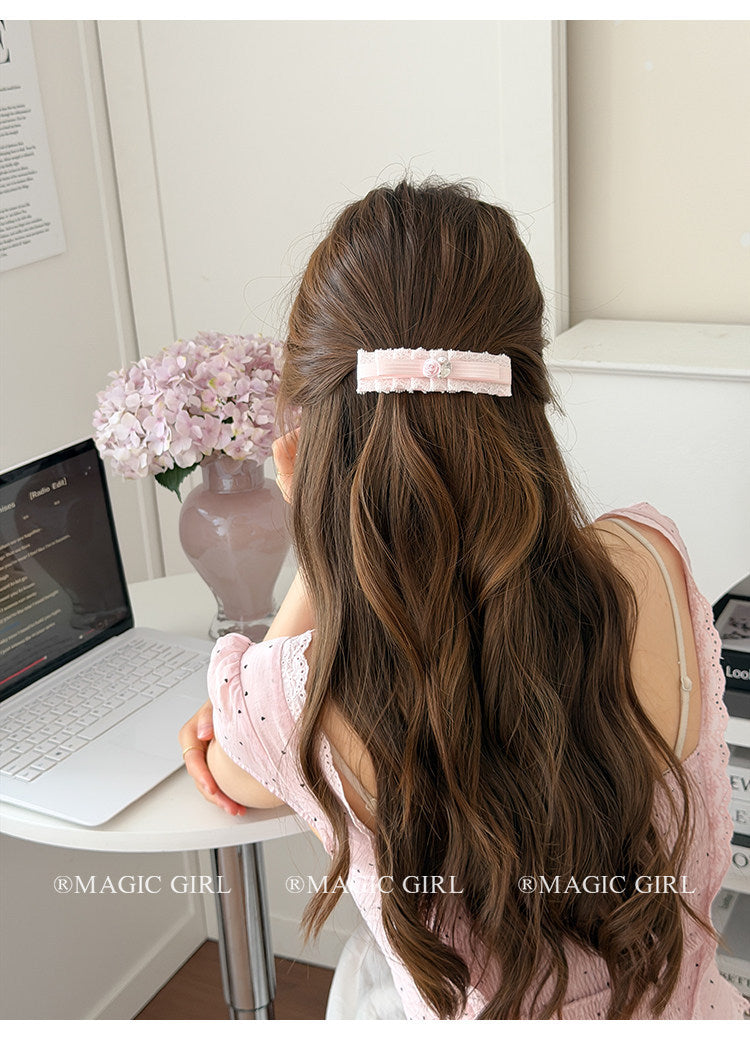 Sweet Bow Tie Banana Clip Hairpin For Women In Natural Pink Featuring Cloth Material And Artificial Pearl Inlay