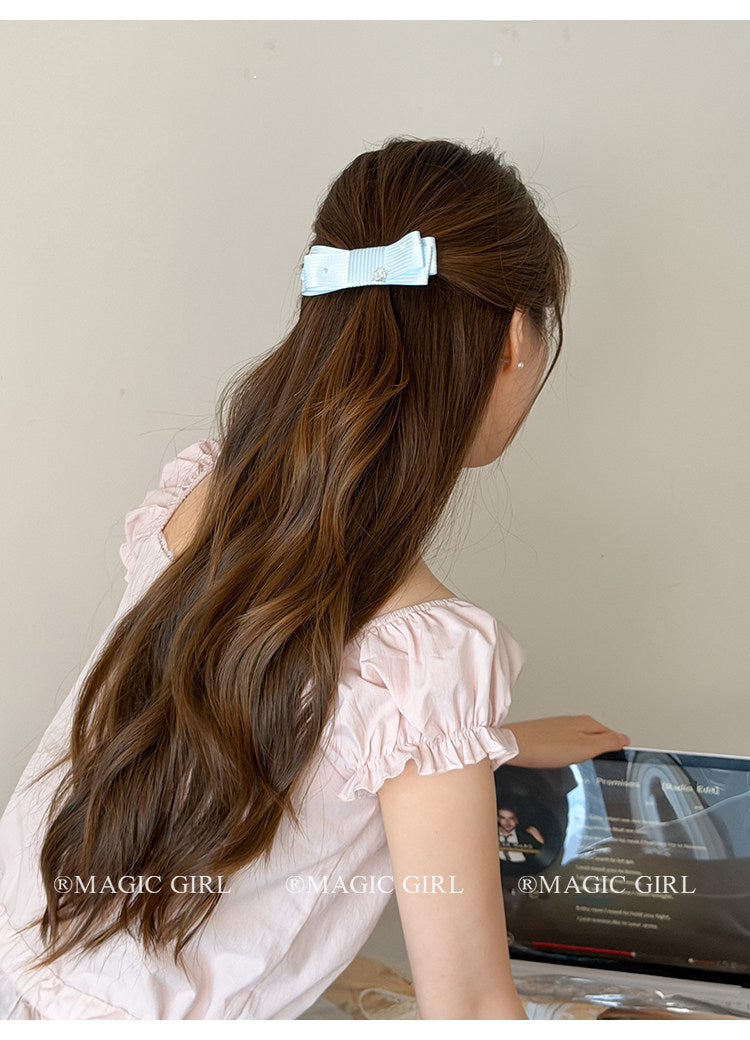 Sweet Bow Tie Banana Clip Hairpin For Women In Natural Pink Featuring Cloth Material And Artificial Pearl Inlay