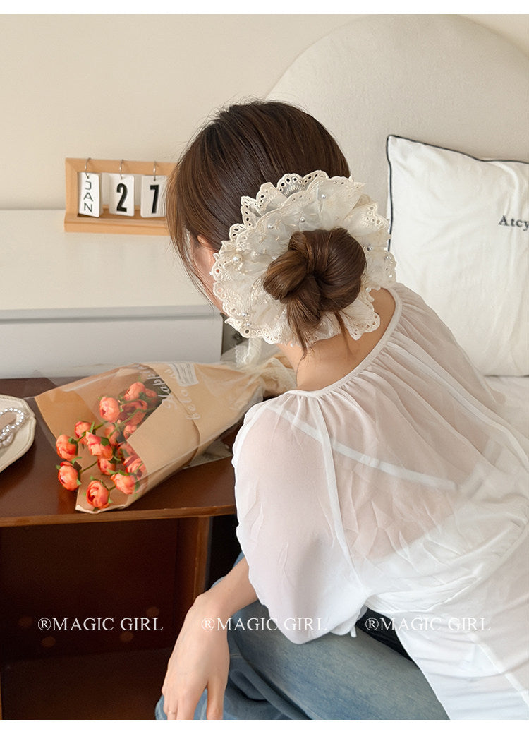 French Style Pearl Lace Scrunchie For Women In Elegant Beige Hair Accessory