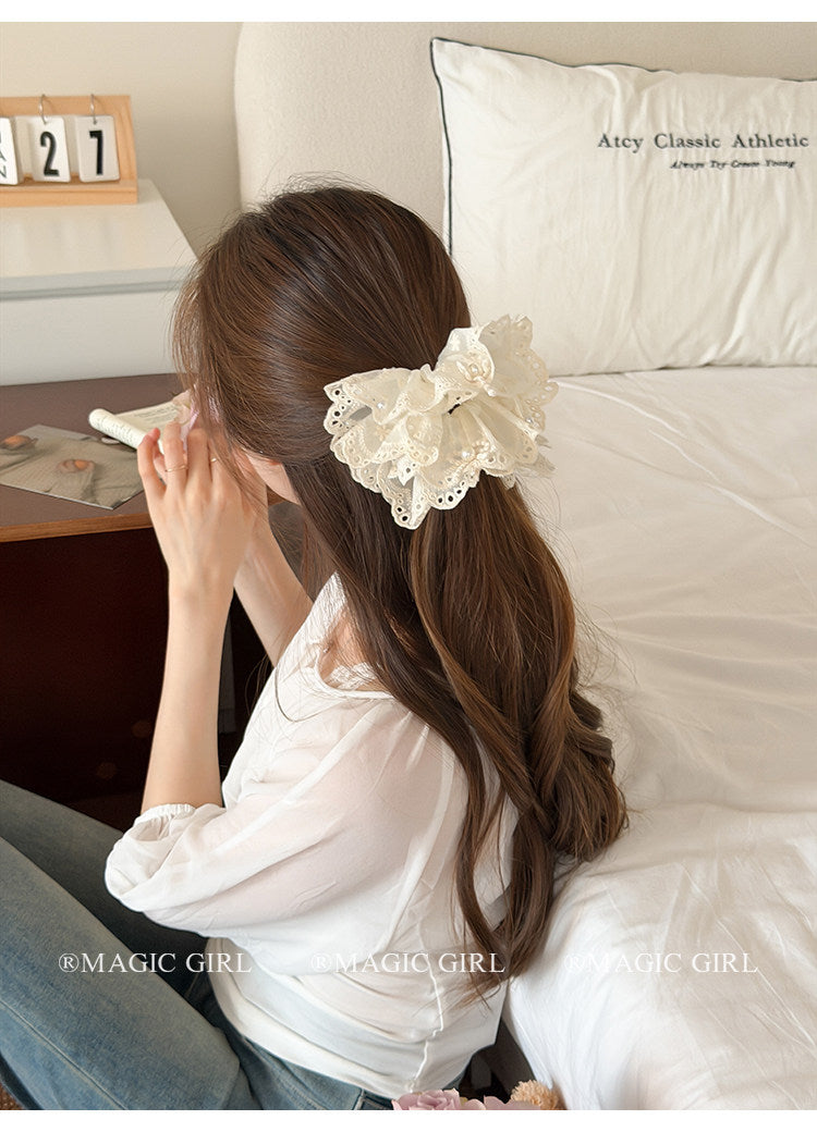 French Style Pearl Lace Scrunchie For Women In Elegant Beige Hair Accessory