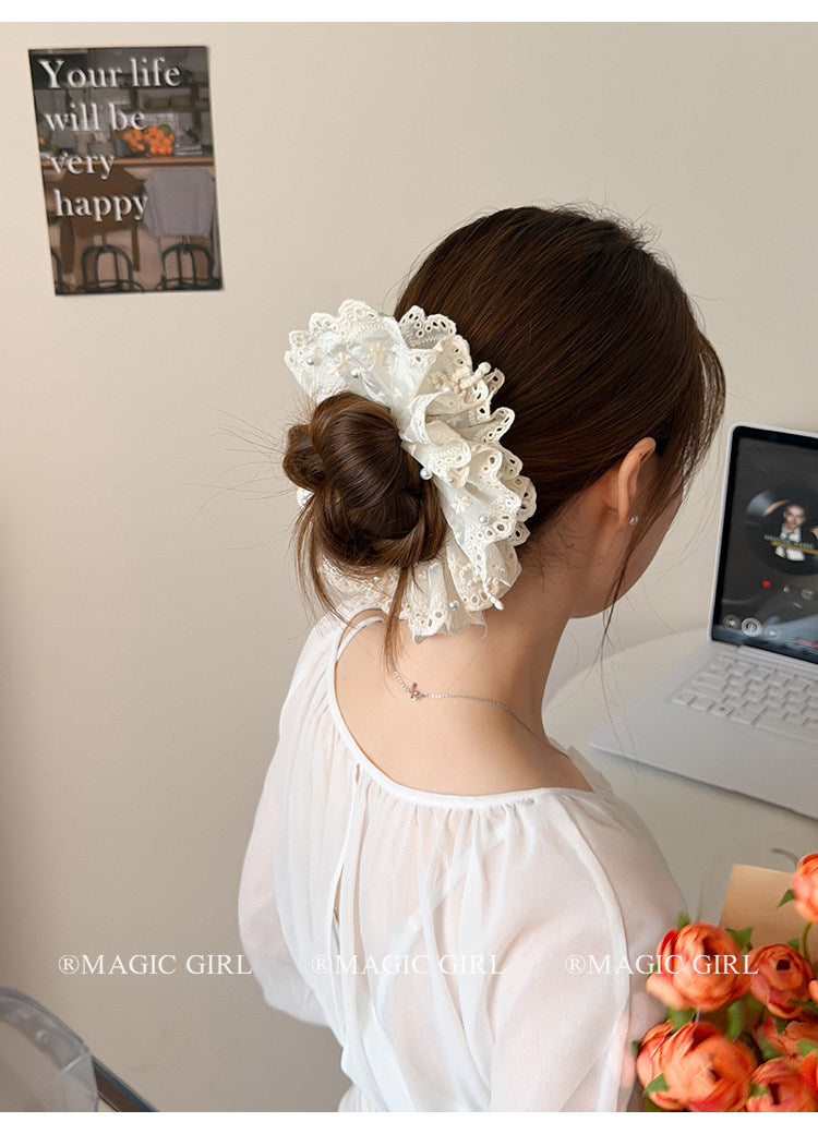 French Style Pearl Lace Scrunchie For Women In Elegant Beige Hair Accessory