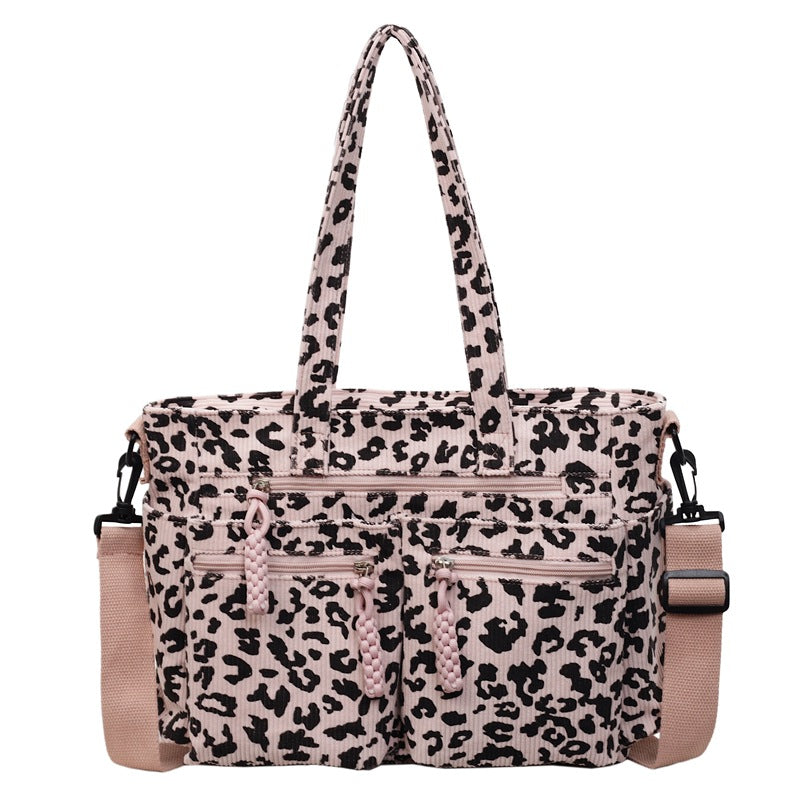 Leopard Print Corduroy Square Tote Bag For Women With Sewing Thread Detail And Single Shoulder Strap