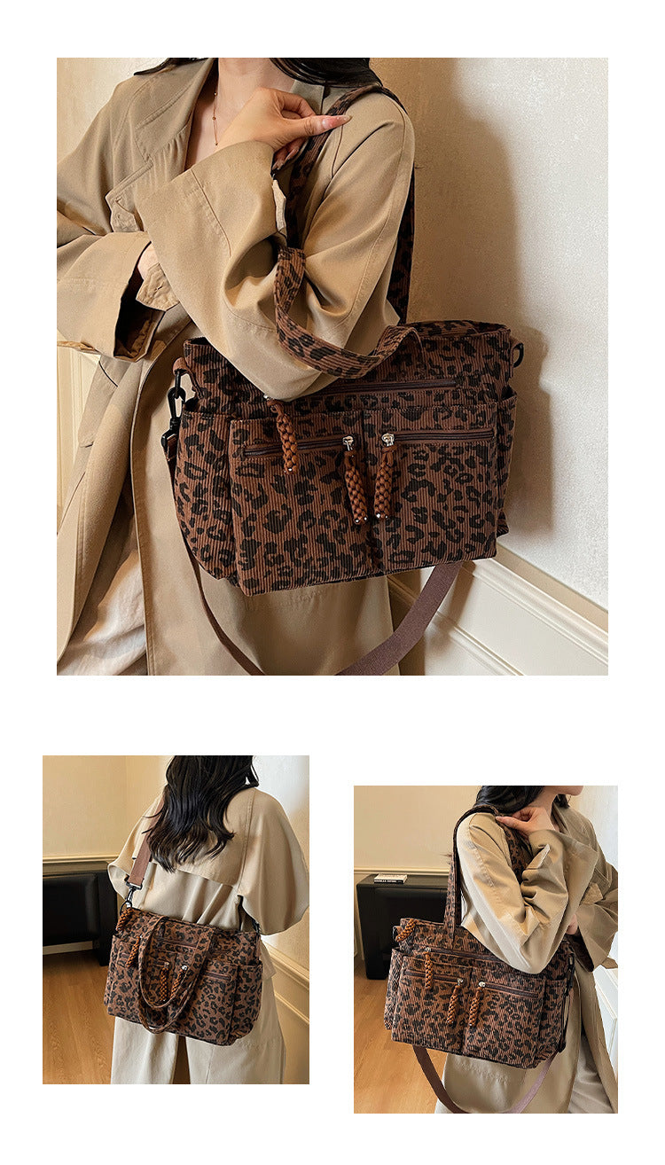 Leopard Print Corduroy Square Tote Bag For Women With Sewing Thread Detail And Single Shoulder Strap